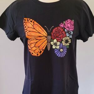 Black Floral Butterfly Graphic Women's T-shirt